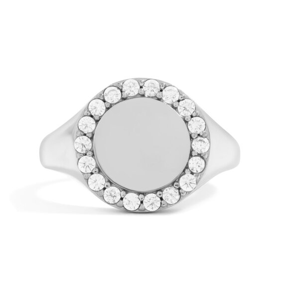 Silver Signet Ring with Sparkling Stones | Tarnish-Free Stainless Steel | Size 7 - Picture 1 of 6